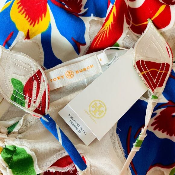 $898 TORY BURCH NWT RUNWAY Authentic Chiffon Iris Blue Cream Red Floral Dress 4 - Picture 10 of 15